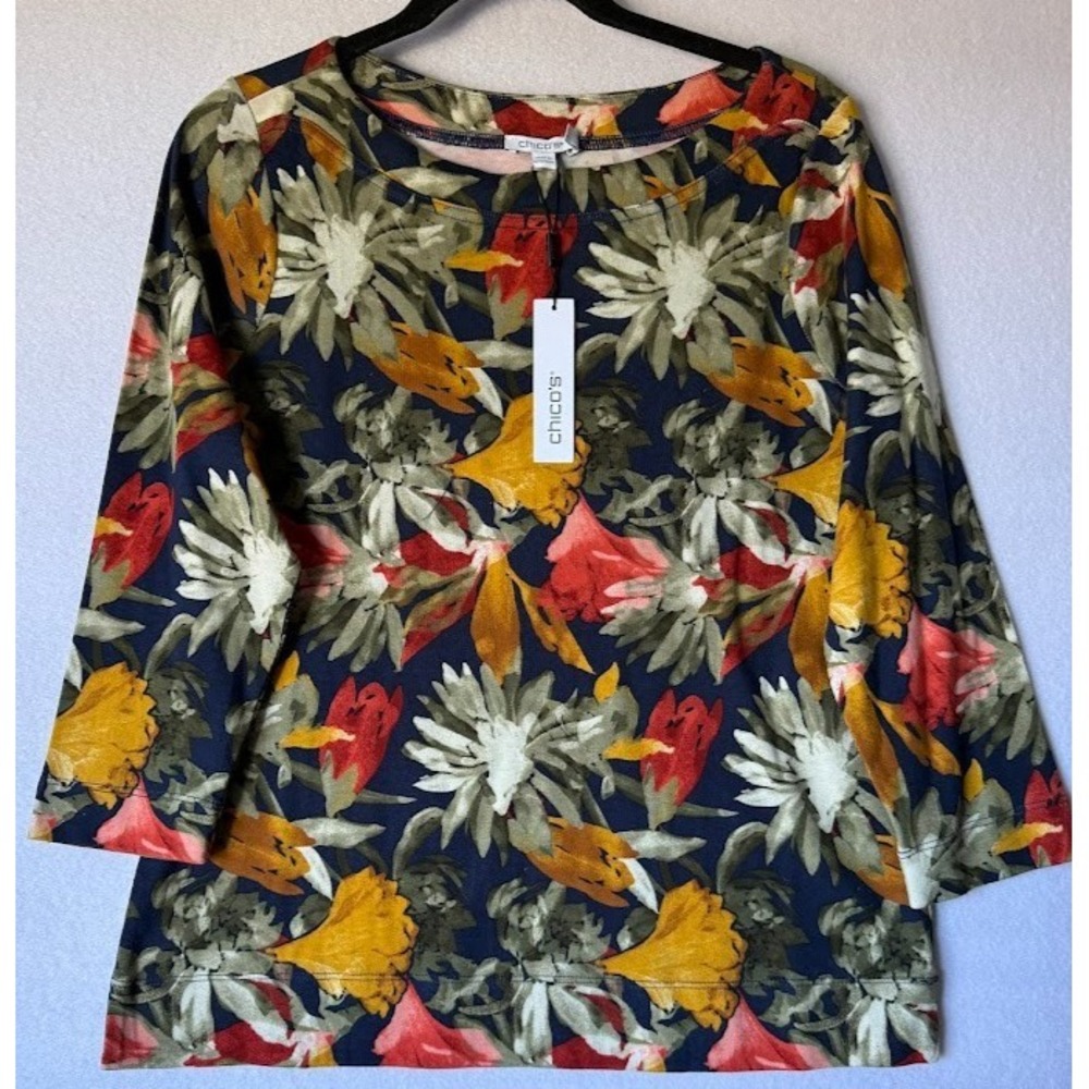 Chico's Top Women Size 1 US M Multicolor Floral 100% Pima Cotton Knit 3/4 Sleeve